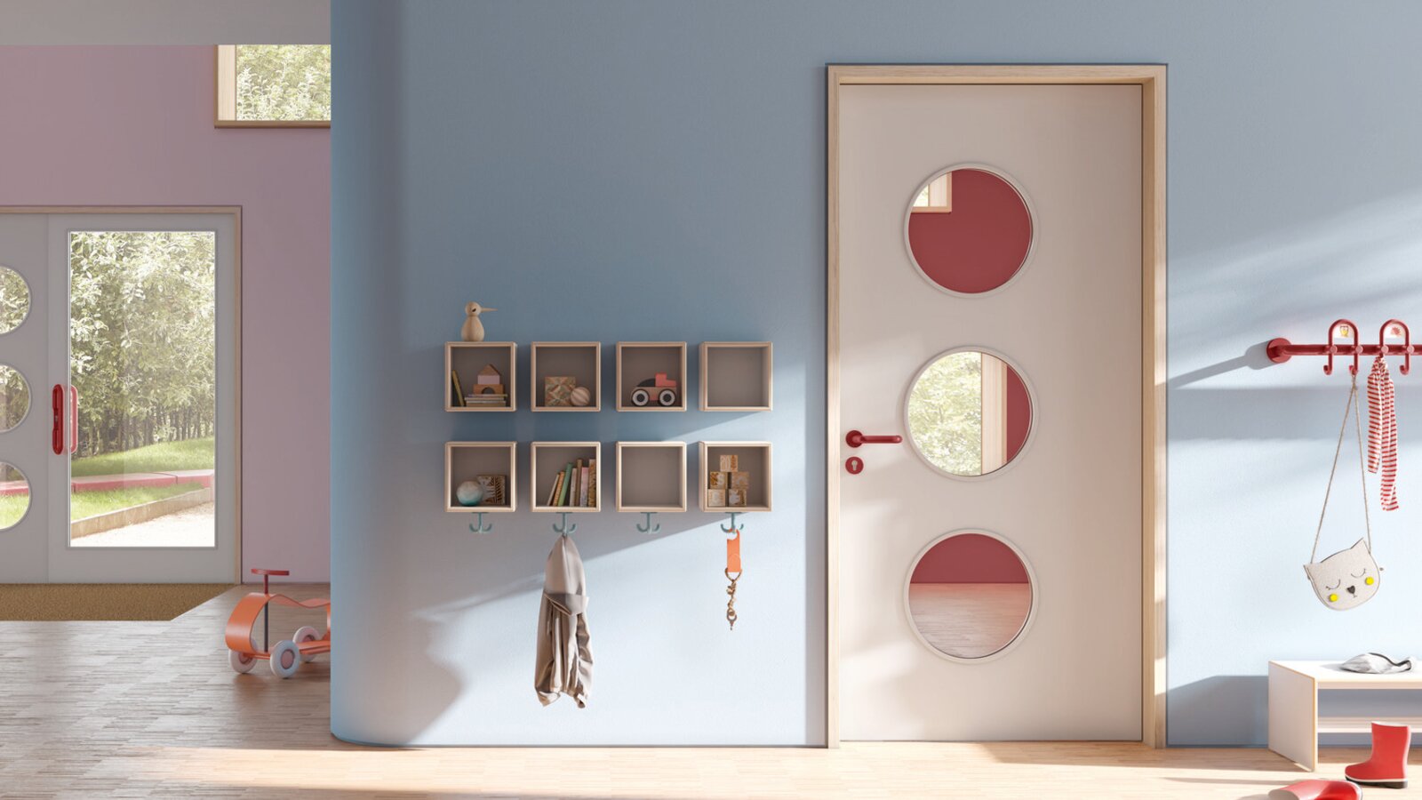 Colourful kindergarten equipped with HEWI fittings, cloakroom and furniture